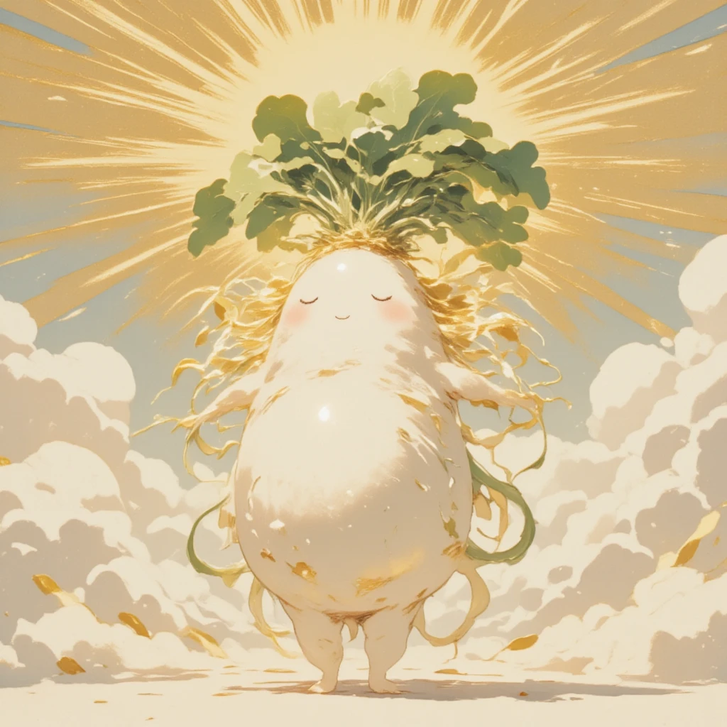 Create an enchanting ukiyo-e illustration that captures the divine essence of a radish character inspired by Amaterasu, the Shinto sun goddess. The daikon character should be depicted as an adorable and whimsical entity, embodying celestial grace and beauty. It features radiant, light-infused tendrils emulating the rays of the sun, and its leafy crown is akin to a majestic headdress adorned with golden accents. This fantastical figure stands against a backdrop of a traditional Japanese setting from the Kojiki era, surrounded by elements such as swirling clouds and gleaming sunlight. The daikon's facial expression reflects warmth and kindness, representing the benevolent nature of Amaterasu herself. The color palette comprises warm golds, soft whites, and vibrant greens, creating an inviting and divine ambiance. The image should captivate the viewer by merging traditional ukiyo-e aesthetics with playful modern creativity, resulting in an extraordinary portrayal of a mythological figure reimagined as a charming daikon deity.