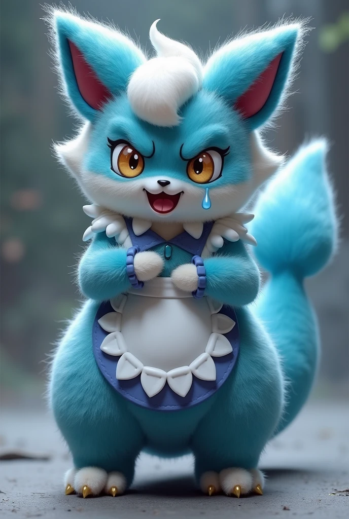 light-blue anthro midnight lycanroc, in a girly diaper and pacifier sitting on a couch, looking tired