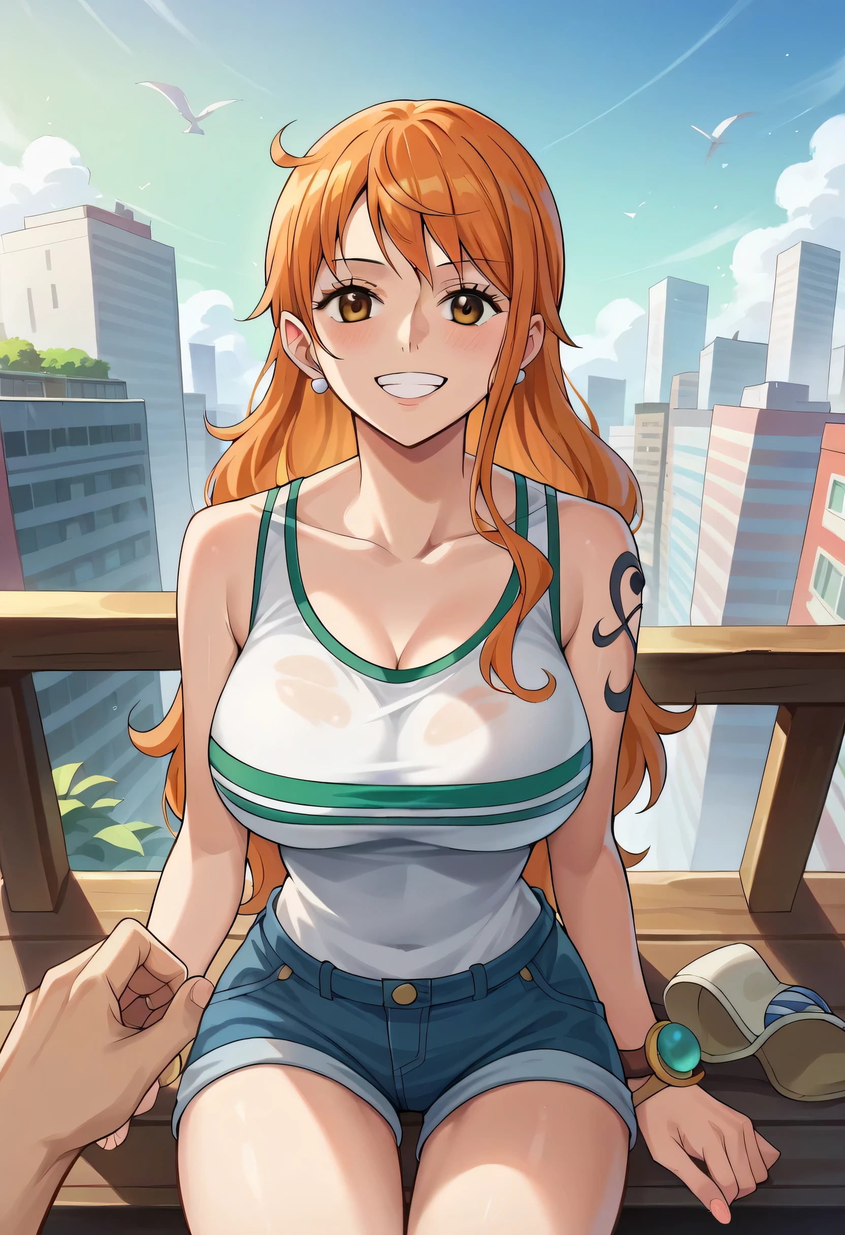 score_9, score_8_up, score_7_up, score_6_up, score_5_up, score_4_up, BREAK source_anime,POV,city,outdoor,smile,standing,nami_post, orange hair, long hair, wavy hair, side locks, brown eyes, large breasts, old-school swoop haircut,white T-shirt sleeveless ,blue jean shorts, emerald eyes, sitting on a bench, hat