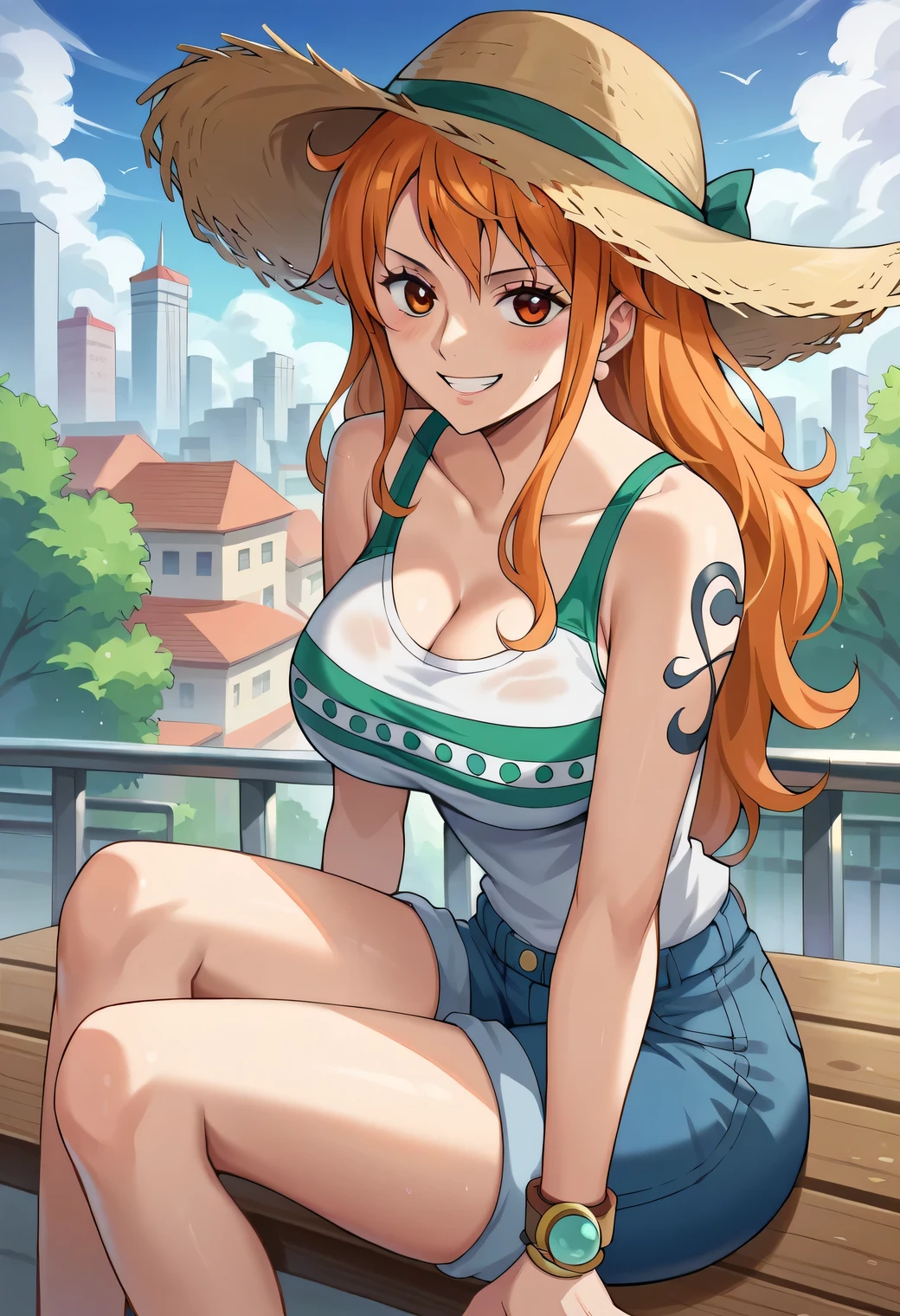 score_9, score_8_up, score_7_up, score_6_up, score_5_up, score_4_up, BREAK source_anime,POV,city,outdoor,smile,standing,nami_post, orange hair, long hair, wavy hair, side locks, brown eyes, large breasts, old-school swoop haircut,white T-shirt sleeveless ,blue jean shorts, emerald eyes, sitting on a bench, hat