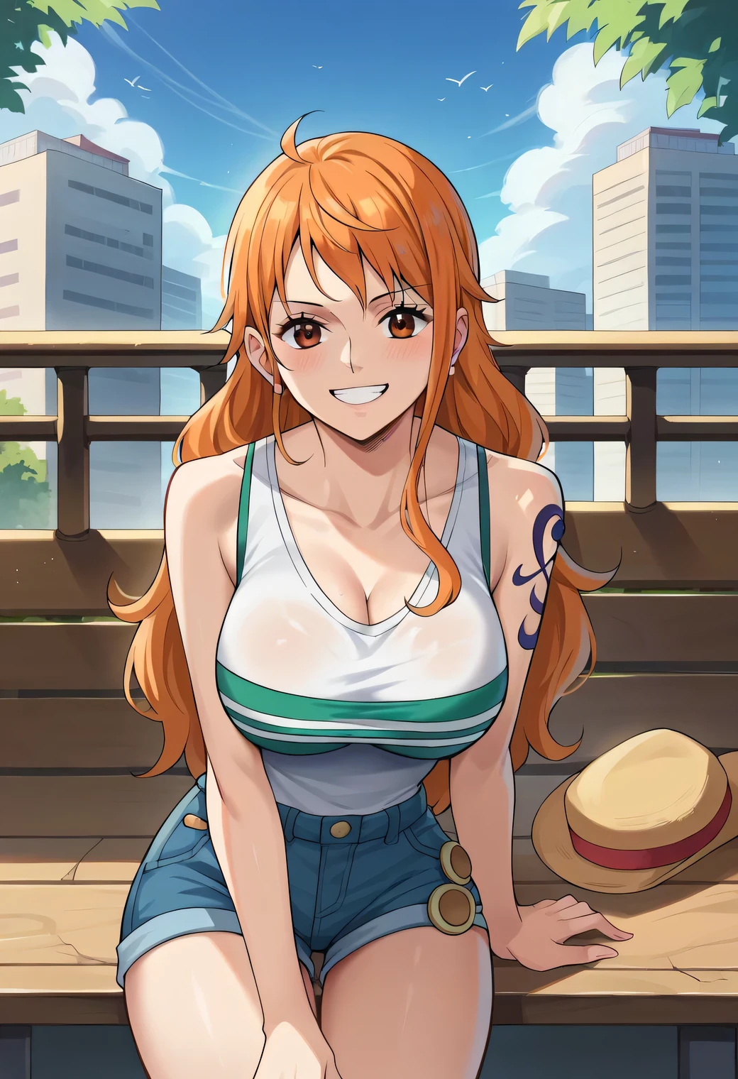 score_9, score_8_up, score_7_up, score_6_up, score_5_up, score_4_up, BREAK source_anime,POV,city,outdoor,smile,standing,nami_post, orange hair, long hair, wavy hair, side locks, brown eyes, large breasts, old-school swoop haircut,white T-shirt sleeveless ,blue jean shorts, emerald eyes, sitting on a bench, hat