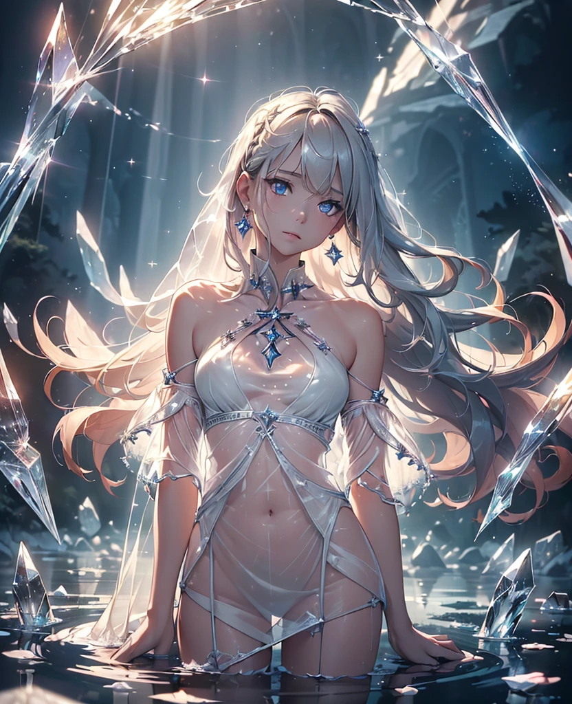 NSFW, crystal cover, upper body, side shot, alternative color, masterpiece, detailed illustration, realistic, pixiv top quality, exquisite, {{{cute 1girl}}}, super beauty merging with machine, elaborate shabby chic pattern, sparkly beautiful woman, half of my body is made of machine, transparent glass body, The machine inside is transparent, cinematic lighting, dynamic angle, Dynamic Pose, Crystal World, Depth of Field