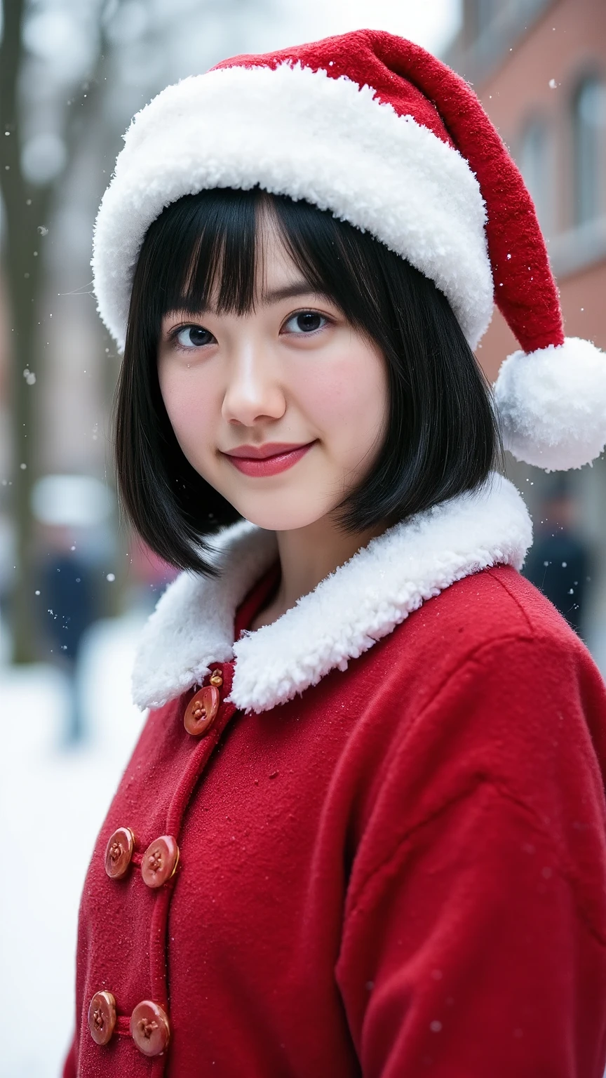 masterpiece, best quality, illustration, Super detailed, fine details, High resolution, 8k,wall paper, perfect dynamic composition,(Details High quality, realistic depiction of eyes:1.3), to stand、large breasts,short bob hair, black hair color, Big Natural Color Lip, bold sexy pose, crying a little、Harajuku style、20 year old girl、cute type、lolita、beautiful legs, hposing Gravure Idol,santa costume, making eye contact with camera 、whole body、Christmas winter scene 、 Christmas holiday street scene、Santa Girl、 One Girl 、smile、hat