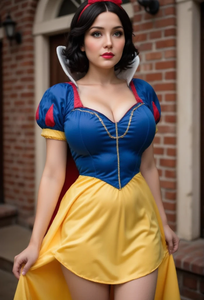 Snow White character very sensual, with beautiful full breasts with small pink nipples, seductive clothes with a Hentai style, yellow and blue mini dress, in the Disney princess style, thick and curvy body, wide hips, curvaceous body 