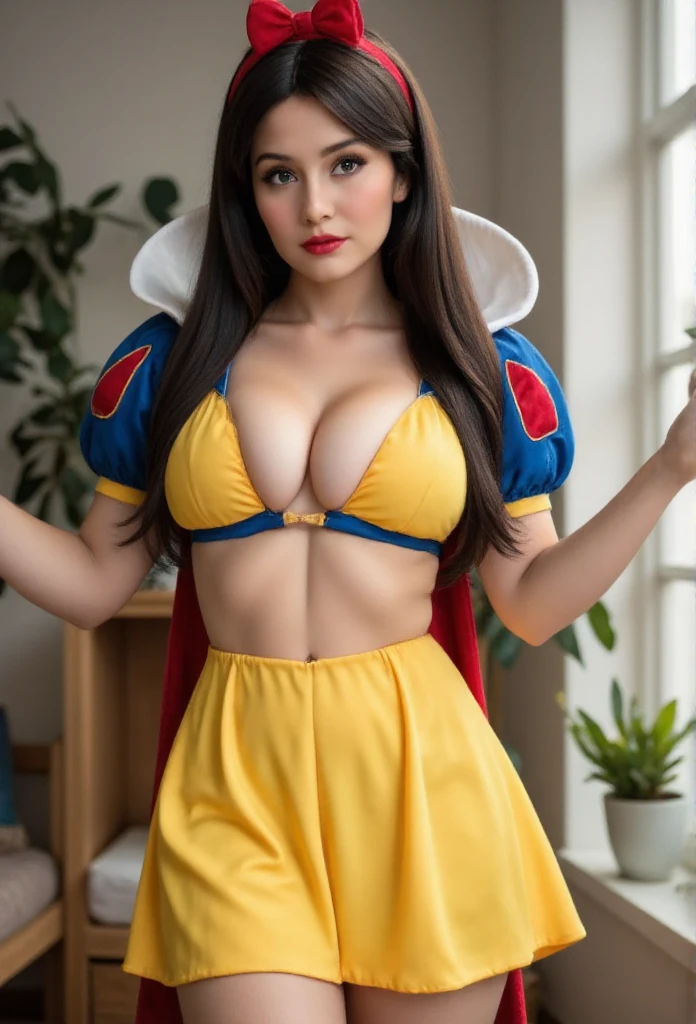 Snow White character very sensual, with beautiful small perky breasts with small pink nipples, seductive clothes with a Hentai style, yellow and blue mini dress, in the Disney princess style, thick and curvy body, wide hips, curvaceous body 