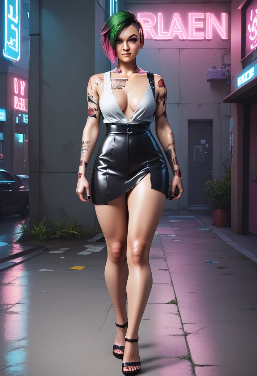 Fade_Valorant, full body portrait, 1girl, solo, multicolored hair, piercing, jewelry, black hair, white hair, tattoo, earrings, nose piercing, long hair, two-tone hair, lip piercing, looking at viewer, short hair, blue left eye, red right eye, perfect eyes, detailed face+eyes, finely detailed beautiful eyes,  lips, gradient hair, makeup, heterochromia, ear piercing, standing,  looking at viewer, full body, slim waist, perfect bod, high heels, legs ,city at night background, city background , fishnets, skyline<lora:Fade-10:0.8>