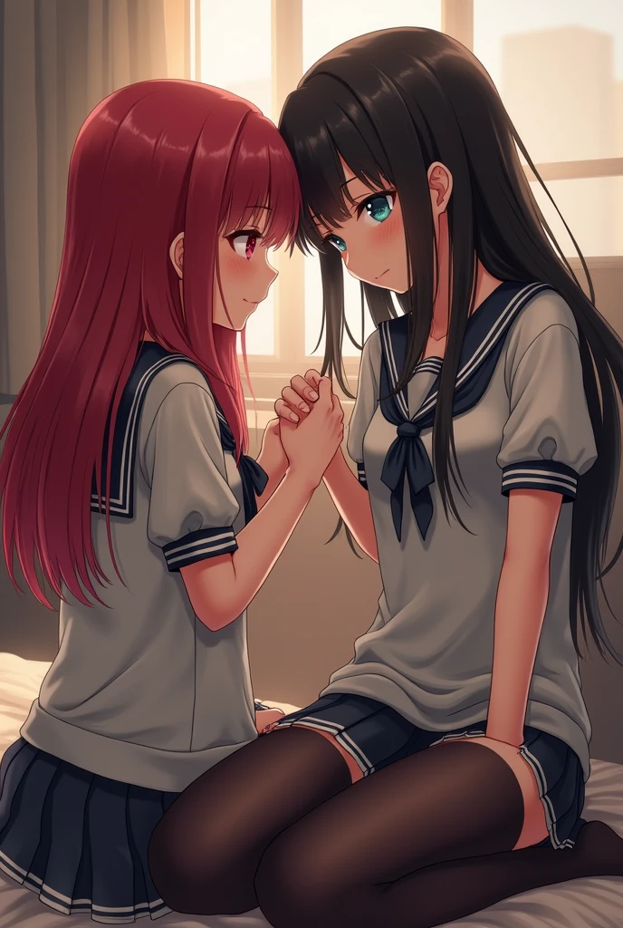 ((Highest quality、High resolution))、(((Two Girls))), Portraiture、beautiful girl、Perfect body、Beautiful and bountiful breasts、classroom、high school girl、Sailor suit、Embarrassing、(((Hugging and kissing、lily、I&#39;Seduce you)))