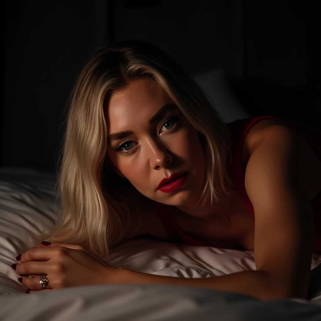 Vanessa Kirby, picture from above, lying  limp on a bed, red strapless dress, blonde bob cut hair , drunk face