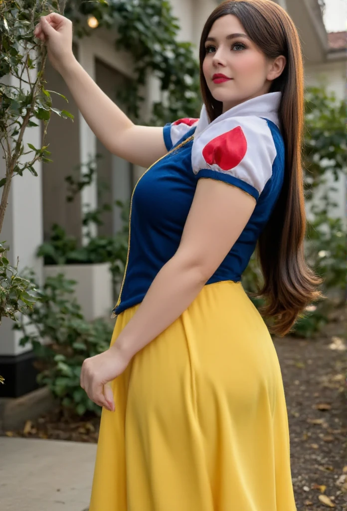 Snow White character very sensual, with beautiful full breasts with small pink nipples, seductive clothes with a Hentai style, yellow and blue mini dress, in the Disney princess style, thick and curvy body, wide hips, curvaceous body 