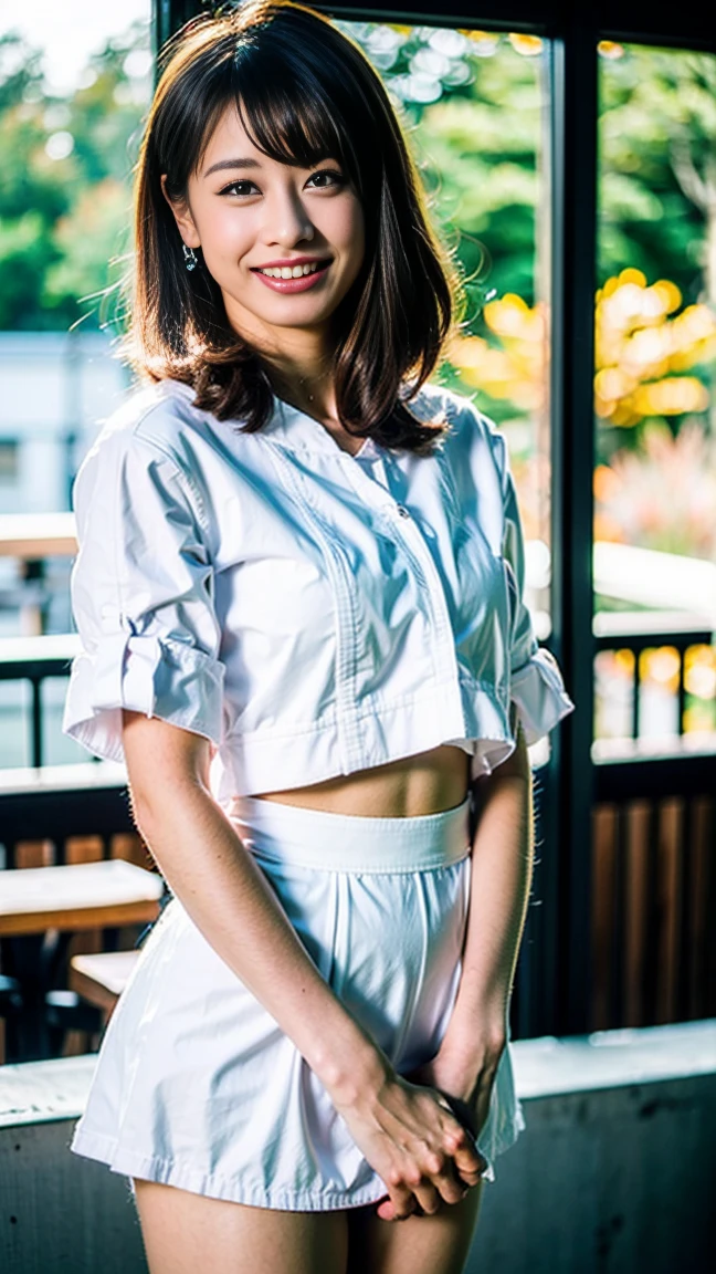 Female supermodel. Singapore Chinese. Queenstown, Singapore. White doctor coat. White formal shirt. White trousers. Close-up.