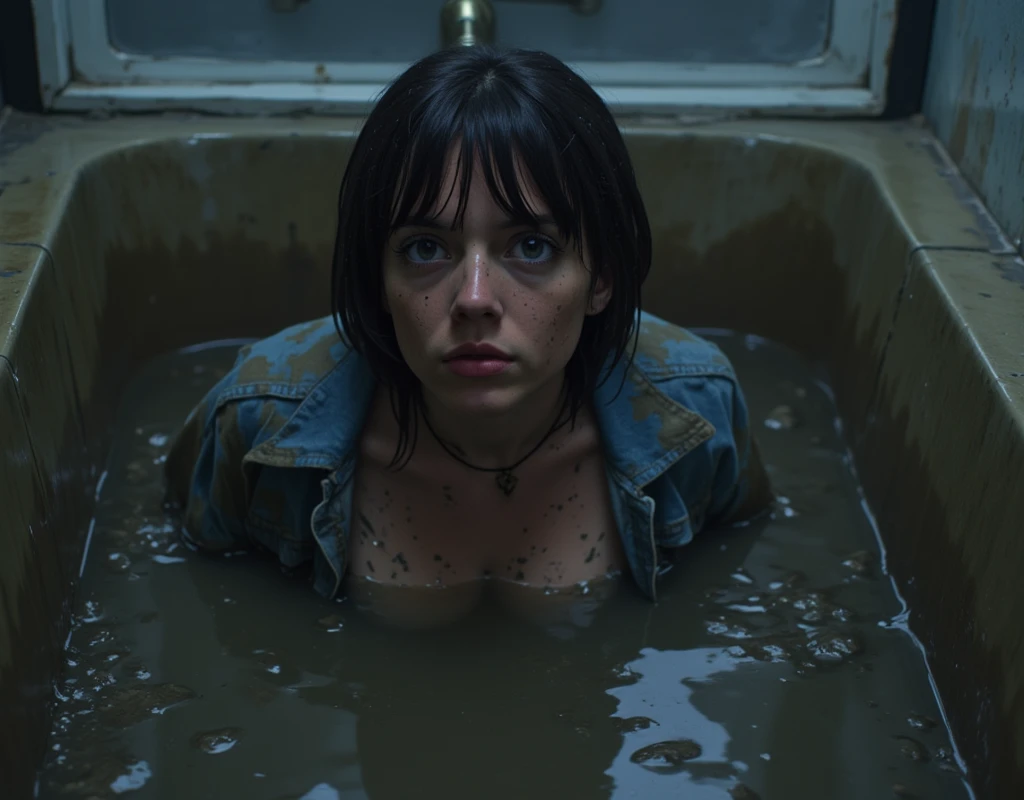 from afar view, Covered in mud ,Bob haircut, detailed eyes and face,  An expression of despair  ,soaked denim jacket, dark and gloomy lighting ,desperation,bathroom,drowning deep in sludge-filled bathtub ,sick faded mid-aged slut whore, red lips, from side view, in the middle of bathroom, from afar view