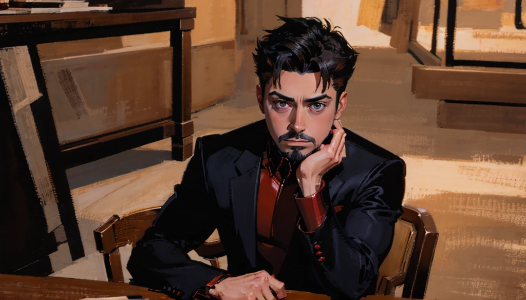  Young Tony Stark ,   Steve Rogers,  dark clothes ,  leans his hands on the table,  looks down and to the left , red and black, no background, No background 