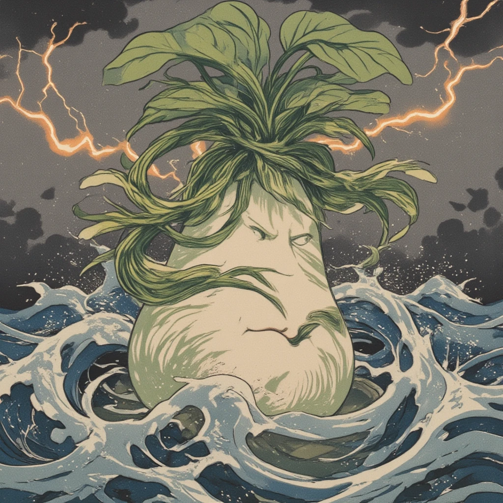 Design a striking ukiyo-e illustration of a daikon character inspired by Susanowo, the storm god from Shinto mythology. This character embodies the wild and untamed nature of storms, showcasing a daikon with an audacious and spirited demeanor. The character's form includes winding, wave-like lines mimicking stormy seas and swirling winds, and its leafy top is shaped into dynamic, wind-cut patterns. Emerging from a tempestuous background of dark, roiling clouds and sporadic lightning flashes, this daikon deity emanates power and mischief. Facial features reflect a playful yet rebellious attitude, symbolizing the unpredictable spirit of Susanowo. Utilize a color scheme of deep blues, silver grays, and vibrant greens, emphasizing the intensity and drama of the stormy theme. In this artwork, balance traditional ukiyo-e style with imaginative storytelling to create a compelling narrative of a mythical daikon character wielding the awe-inspiring power of nature.