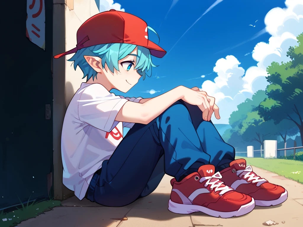 score_9, score_8_up, score_7_up, score_6_up, score_5_up, score_4_up, uncensored, BREAK source_anime, masterpiece, art by noodychaan, a boy, bf_fnf, solo, backwards baseball cap, short hair, aqua hair, pointy ears, white shirt, no symbol, short sleeves, blue pants, red sneakers, wind, blue sky background, smile, from side, sitting, 