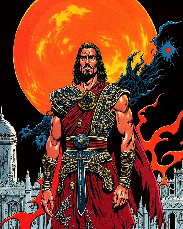 Title: YAGOTH
Author's Name: Omar Alabdulhadi
Genre: dark fantasy
Main Character(s): YAGOTH (The protagonist, a majestic Saudi Arabian barbarian, sable hair and meticulously trimmed goatee frame a stoic face with piercing eyes)
Setting: The protagonist, a majestic Saudi Arabian barbarian, stands tall with a fiery sunset backdrop that casts long shadows across the intricately detailed ruins of an ancient desert town. His sable hair and meticulously trimmed goatee frame a stoic face with piercing eyes reflecting the sun's fiery hues. Dressed in a blend of rugged animal hides and rich, intricately woven fabrics adorned with gold and jewels, he exudes nobility and strength. A crimson cloak, tattered yet regal, flows dramatically around him as he stands with a commanding presence. The stark contrast between the vibrant, saturated colors and the darker gothic elements enhances the atmosphere of the scene. His bare, muscular arms suggest a warrior who relies on his unyielding spirit rather than weapons. The cover captures the epic essence of the character's journey through a world of decay and lost grandeur, inviting readers to dive into the thrilling narratives that unfold within the pages.
Color Scheme: red, black, white
Style: The overall style is reminiscent of 80s and 90s American Comics.
Key Elements/Objects: [Mention important props, items, or symbols (e.g., sword, book, glowing orb)]
Mood/Tone:  mysterious, dark noir dungeons and dragons style, action-packed, eerie)]
Text Placement:  title top-center, and author name bottom-center