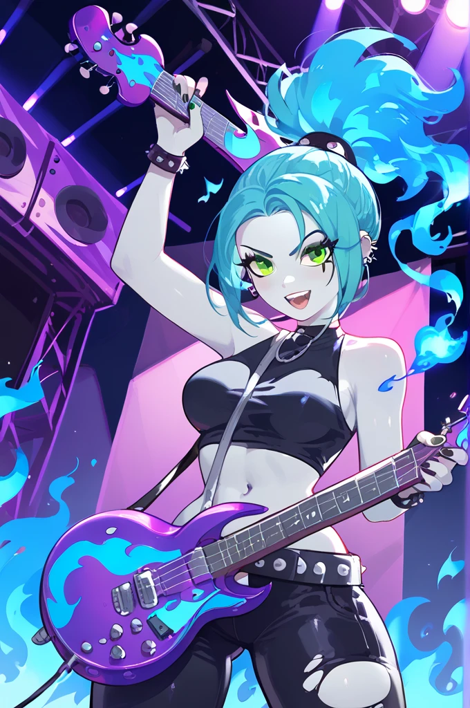 score_9, score_8_up, score_8, medium breasts,  (curvy),     (scene, concert, 1girl, solo, Standing, electric guitar),   zzEmber, ponytail, aqua hair, goth, big belt, blue fire, grey skin,  bare shoulders, cowboy shot, dark, electric guitar, ghost, goth fashion, green eyes, guitar, instrument, long hair, midriff, navel, stage, teeth, tight clothes, torn clothes  