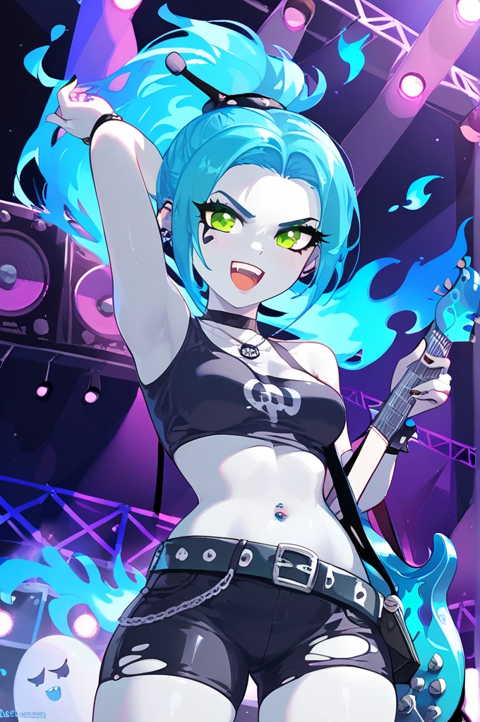 score_9, score_8_up, score_8, medium breasts,  (curvy),     (scene, concert, 1girl, solo, Standing, electric guitar),   zzEmber, ponytail, aqua hair, goth, big belt, blue fire, grey skin,  bare shoulders, cowboy shot, dark, electric guitar, ghost, goth fashion, green eyes, guitar, instrument, long hair, midriff, navel, stage, teeth, tight clothes, torn clothes  