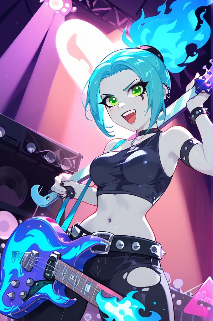 score_9, score_8_up, score_8, medium breasts,  (curvy),     (scene, concert, 1girl, solo, Standing, electric guitar),   zzEmber, ponytail, aqua hair, goth, big belt, blue fire, grey skin,  bare shoulders, cowboy shot, dark, electric guitar, ghost, goth fashion, green eyes, guitar, instrument, long hair, midriff, navel, stage, teeth, tight clothes, torn clothes  