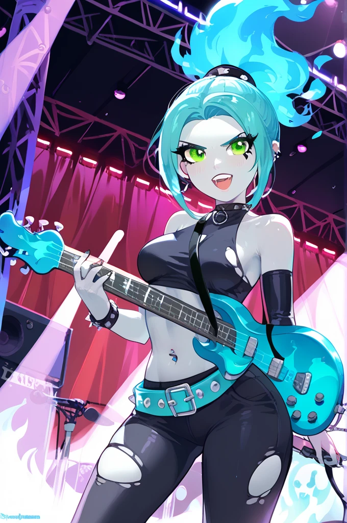 score_9, score_8_up, score_8, medium breasts,  (curvy),     (scene, concert, 1girl, solo, Standing, electric guitar),   zzEmber, ponytail, aqua hair, goth, big belt, blue fire, grey skin,  bare shoulders, cowboy shot, dark, electric guitar, ghost, goth fashion, green eyes, guitar, instrument, long hair, midriff, navel, stage, teeth, tight clothes, torn clothes  