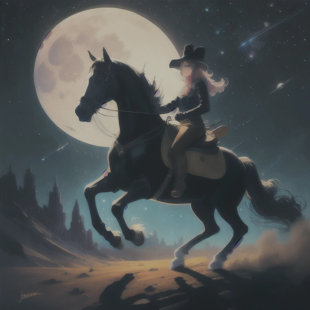 (A fantastic centaur girl wanders through the starry sky:1.2)、(Holding a bow and arrow)、You can see the castle of Wonderland on the ground、The stars and crescent moon look big、(Contemporary art like a picture book)、(Chagall-style painting)、(Flat oil painting)、(Low saturation)、(Simplified)、(Crayon outline)、(Highest quality, masterpiece, High resolution)、8k、wallpaper、