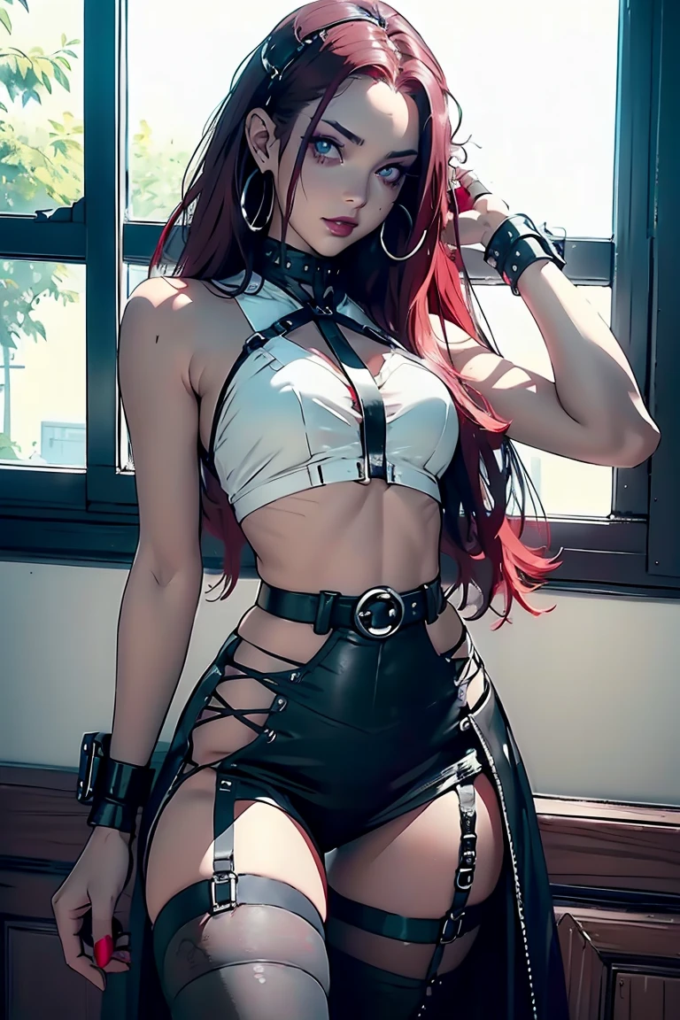 Goddess ((goddess-like woman)), slim, elegant silhouette, masterpiece, best quality, pale skin, fair skin, sweet face, (masterpiece: 1.2, best quality), (real picture, intricate details), (1 lady, solo, medium , small waist, ), ((Jinx/LOL)), beautiful face, kissable lips, very long burgundy red hair, hair slicked back, (very long burgundy red hair), burgundy red hair,(Red eyes, Eye color: Red), red glowing eyes, glowing eyes, crazy eyes, she has an impressive presence., bracelet, hoop earring, beautiful face, perfect makeup, Beautiful Eyes, big eyes, she looks at the viewer, Beautiful Eyes, big eyes she looks at the viewer, she Wears a Gothic Lingerie, sh33rl1ng3r13, thighhighs, underwear, panties, boots, belt, high heels, see-through, black panties, garter straps, leather, belt boots, long sheer skirt, crop top, gothic, slit skirt, long skirt, skirt, sheer skirt, red fingernails, she is wearing earrings, necklace, many different bracelets, white headband, boots, background: big ship, she stands in front of a big window, through the window you can see more and no islands in the distance, blue sky