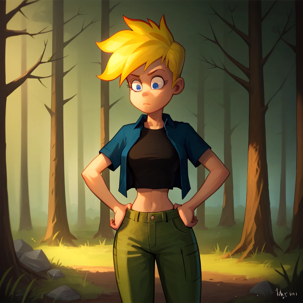 score_7_up, BREAK, 1girl, solo, jenny, blonde hair, blue eyes, black shirt, open blue shirt, open clothes, pants , cowboy shot, forest,  hands on own hips,