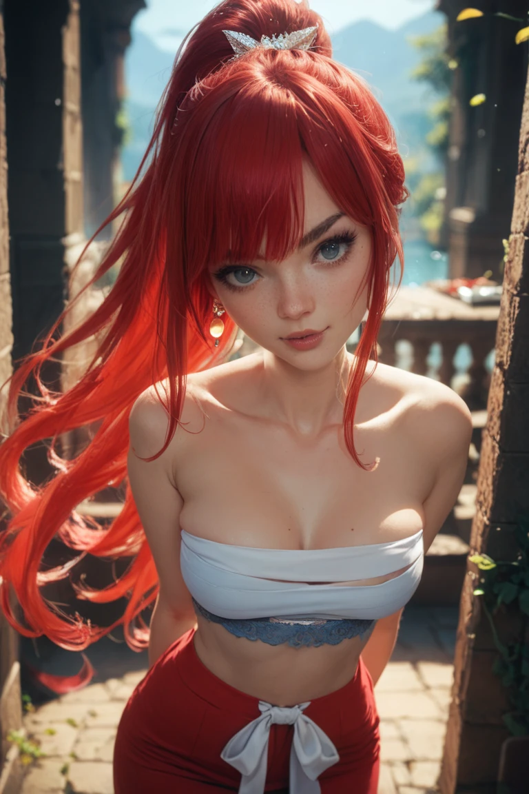 beautiful girl, tanned skin, blue eyes, wearing a red spaghetti strap nightgown, (best quality,4k,8k,highres,masterpiece:1.2),ultra-detailed,(realistic,photorealistic,photo-realistic:1.37),detailed face, detailed eyes, detailed lips, delicate facial features, long eyelashes, soft lighting, warm color tones, cinematic lighting, intricate details, high quality painting, vibrant colors, dramatic lighting, dramatic pose, dreamlike atmosphere