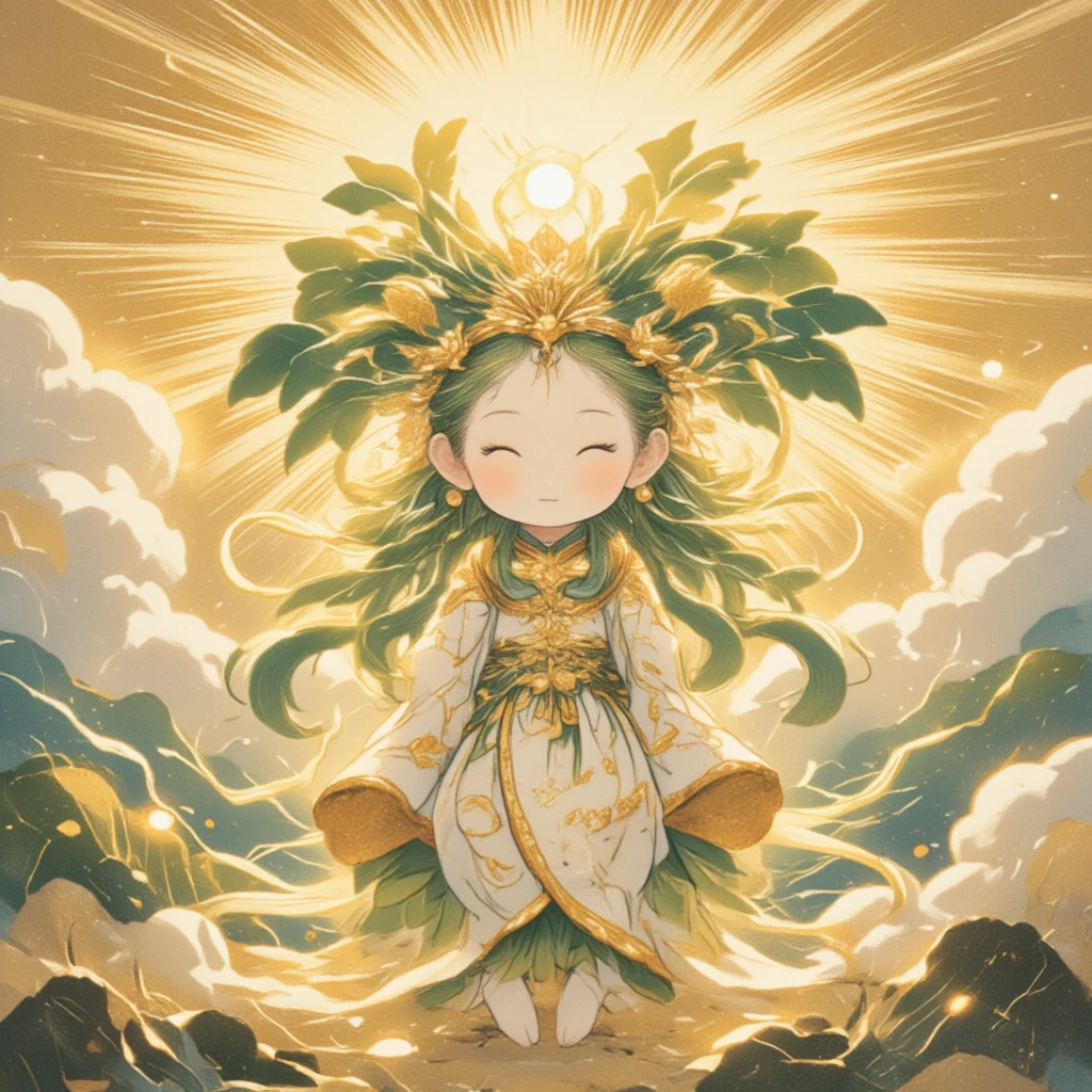 Create an enchanting ukiyo-e illustration that captures the divine essence of a radish character inspired by Amaterasu, the Shinto sun goddess. The daikon character should be depicted as an adorable and whimsical entity, embodying celestial grace and beauty. It features radiant, light-infused tendrils emulating the rays of the sun, and its leafy crown is akin to a majestic headdress adorned with golden accents. This fantastical figure stands against a backdrop of a traditional Japanese setting from the Kojiki era, surrounded by elements such as swirling clouds and gleaming sunlight. The daikon's facial expression reflects warmth and kindness, representing the benevolent nature of Amaterasu herself. The color palette comprises warm golds, soft whites, and vibrant greens, creating an inviting and divine ambiance. The image should captivate the viewer by merging traditional ukiyo-e aesthetics with playful modern creativity, resulting in an extraordinary portrayal of a mythological figure reimagined as a charming daikon deity.