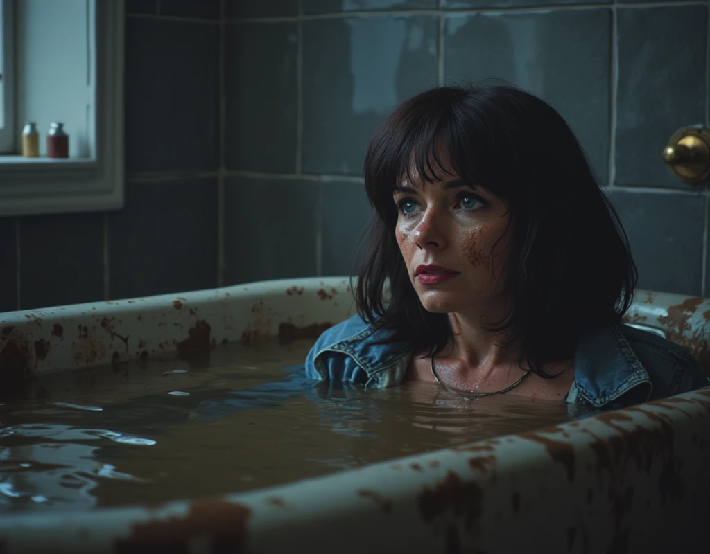 from afar view, Covered in mud ,Bob haircut, detailed eyes and face,  An expression of despair  ,wetlook denim jacket, tensioned and gloomy lighting ,desperation,bathroom,drowning deep in sludge-filled bathtub ,sick mid-aged whore, red lips, from side view, in the middle of bathroom, from afar view