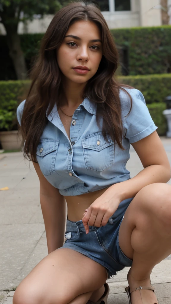 A beautiful girl wearing a T-shirt with a map printed on it is standing on the street.giga_busty, puffed breasts,Harden small nipples