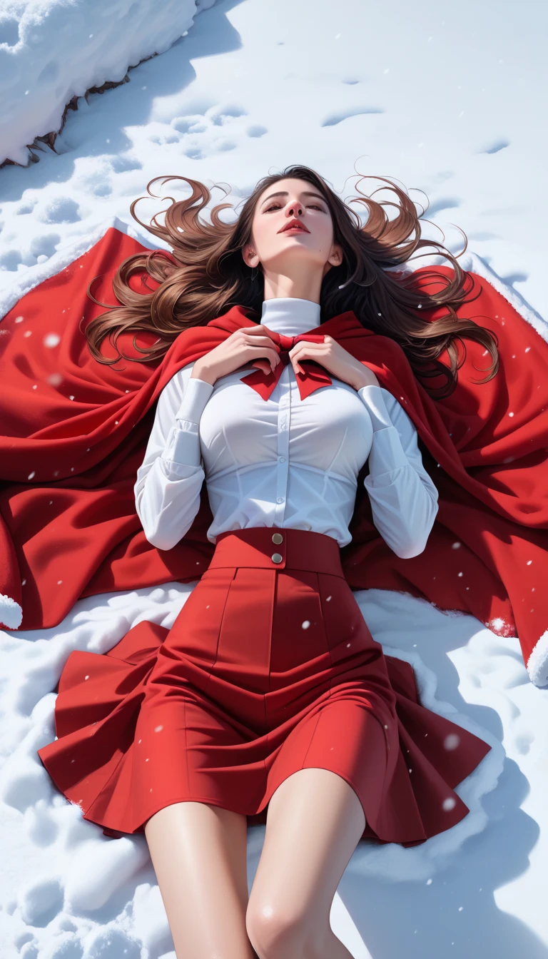 score_9,score_8_up,score_7_up,high res image,masterpiece,best quality,realistic,1girl,santa_costume,white_shirt,(red cape:1.2),(red skirt:1.2),snow,(upper_body:1.2),(from_above:1.2),(face focus:1.2),(on back:1.2),(medium breasts:1.3),