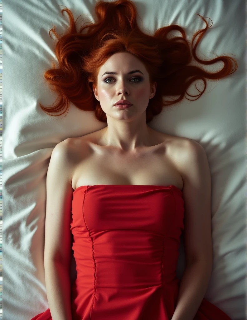 karen gillan, picture from above, lying  limp on a bed on back, red strapless dress , drunk face