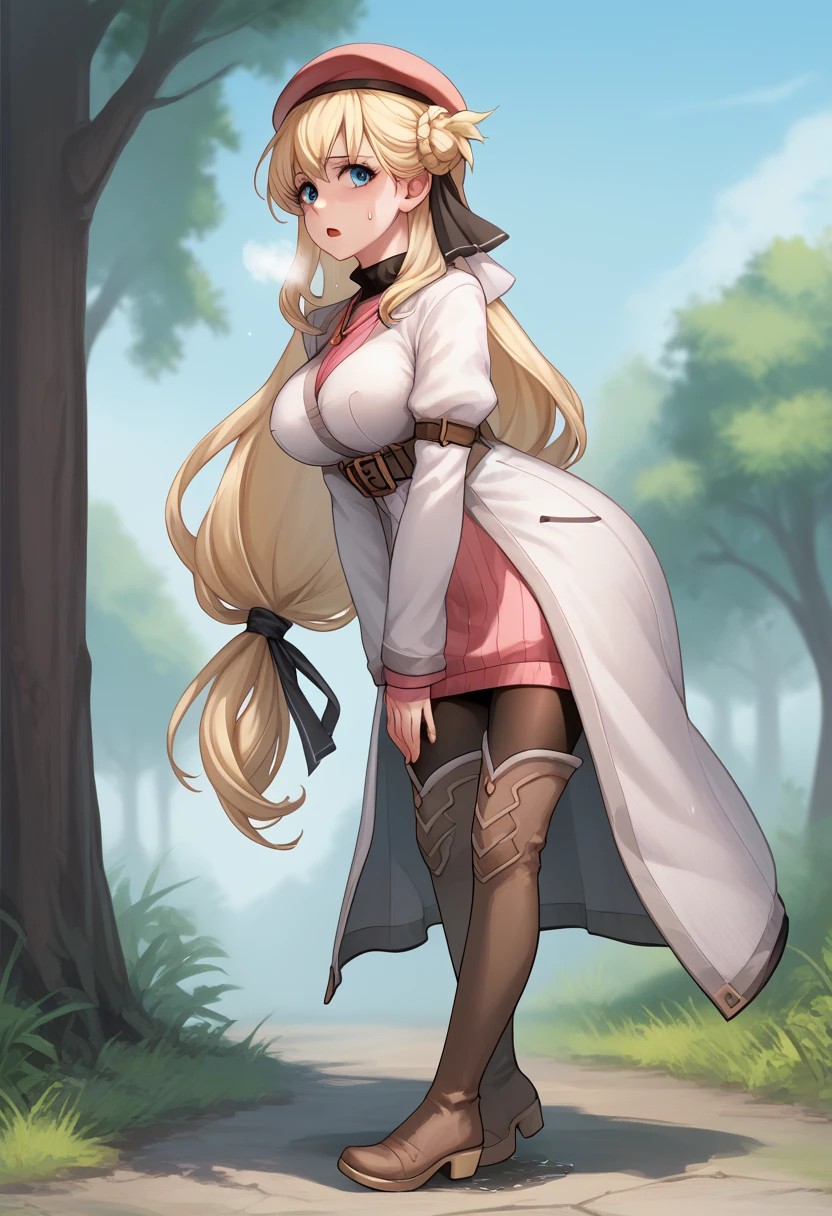 score_9, score_8_up, score_7_up, score_6_up, score_5_up, score_4_up, BREAK source_anime,
1girl, solo, sfw,  Agnes Claudel, blonde hair, long hair, blue eyes, large breasts, hair ribbon, beret, white coat, turtleneck dress, necklace, belt, pink skirt, pantyhose, brown boots, thigh boots,, (full body shot), (side view), looking at viewer, outdoors, sky, trees, 
racoonsan,, (bending forward), exhausted, heavy breathing, sweating, wet, moaning, aroused, mouth open, worried expression, (touching her knees), legs apart