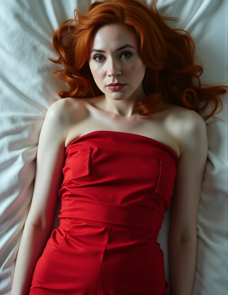 karen gillan, picture from above, lying  limp on a bed on back, red strapless dress , drunk face