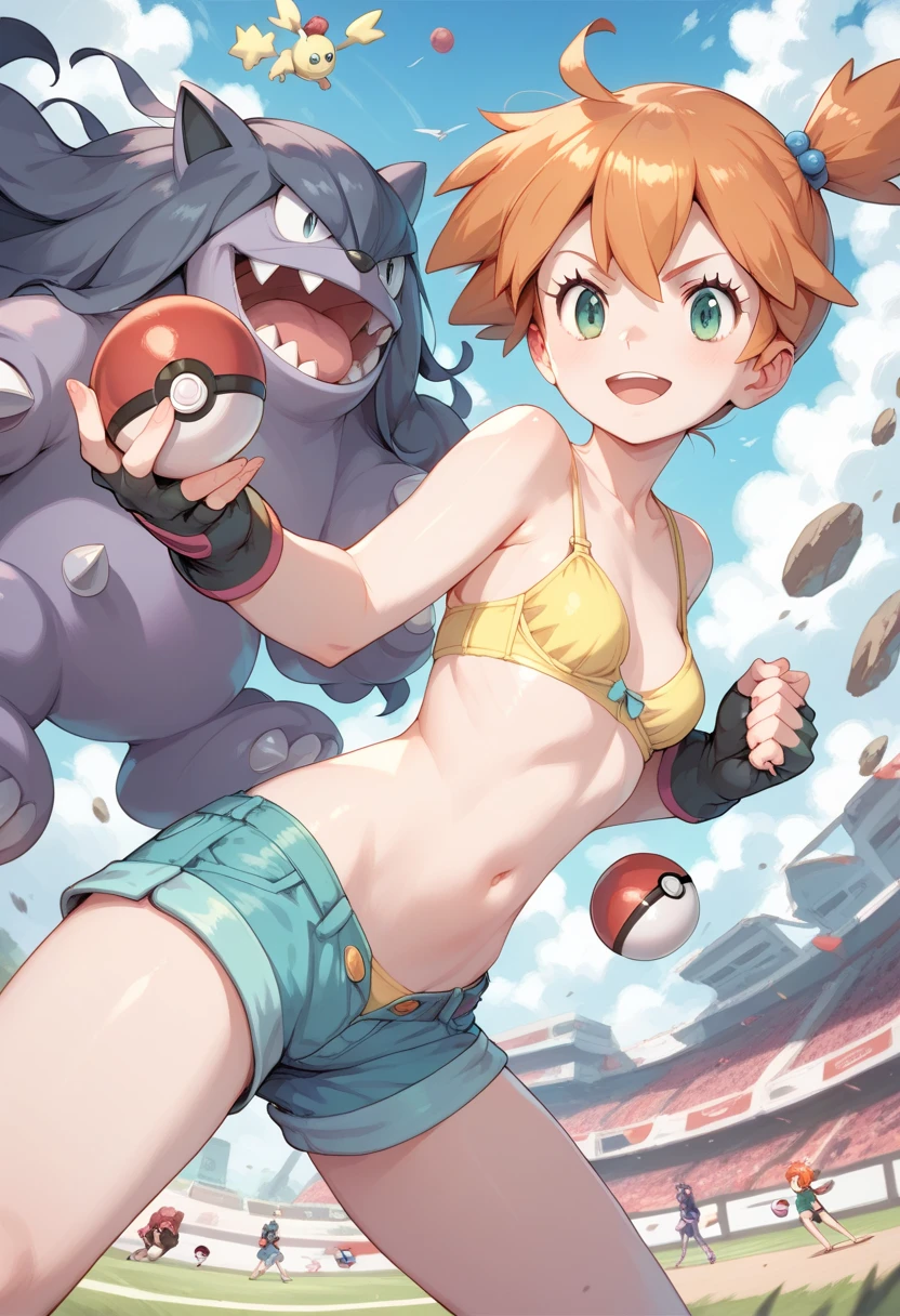 Character Misty_pokemon , Berry Short,Orange Hair ,Big green eyes,Small breasts ,Skinny .pokemon. yellow bra, navel, shorts, black gloves, fingerless gloves, PokeBall, battle , maniac, different expression