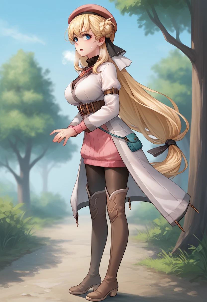 score_9, score_8_up, score_7_up, score_6_up, score_5_up, score_4_up, BREAK source_anime,
1girl, solo, sfw,  Agnes Claudel, blonde hair, long hair, blue eyes, large breasts, hair ribbon, beret, white coat, turtleneck dress, necklace, belt, pink skirt, pantyhose, brown boots, thigh boots,, (full body shot), (side view), looking at viewer, outdoors, sky, trees, 
racoonsan,, (bending forward), exhausted, heavy breathing, sweating, wet, moaning, aroused, mouth open, worried expression, (touching her knees)