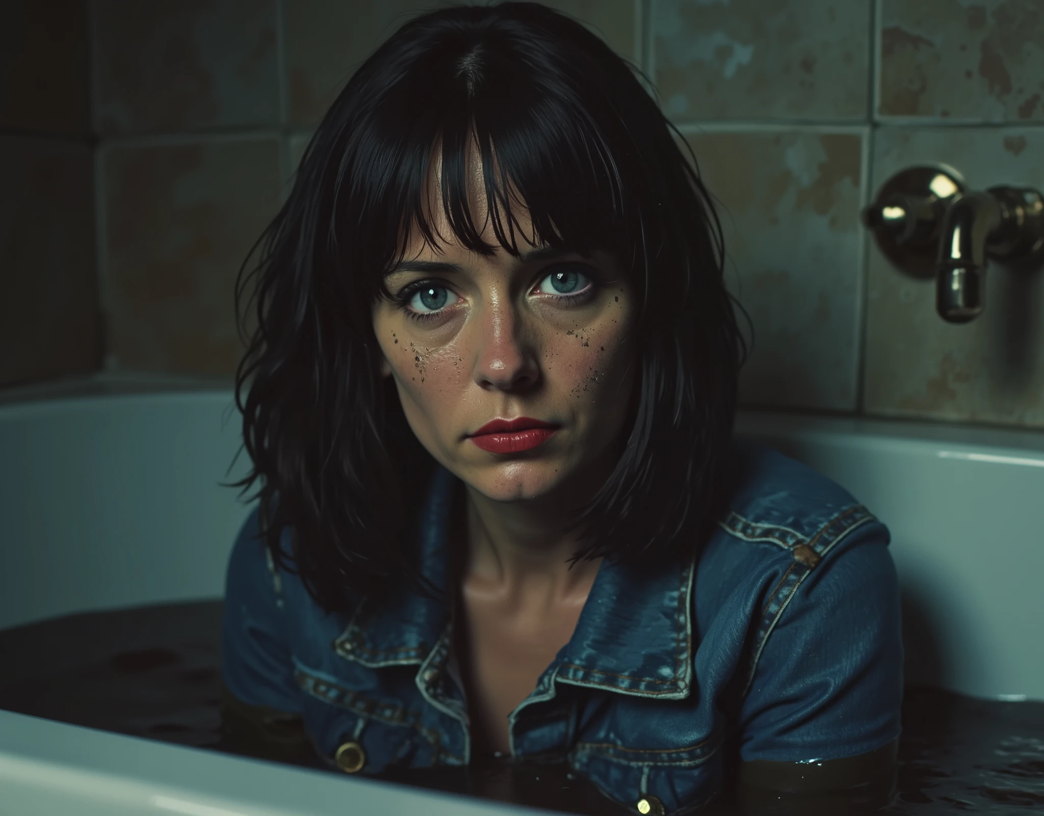 from afar view, Covered in mud ,Bob haircut, detailed eyes and face,  An expression of despair  ,wetlook denim jacket, tensioned and gloomy lighting ,desperation,bathroom,drowning deep in sludge-filled bathtub ,sick mid-aged whore, red lips, from side view, in the middle of bathroom, from afar view