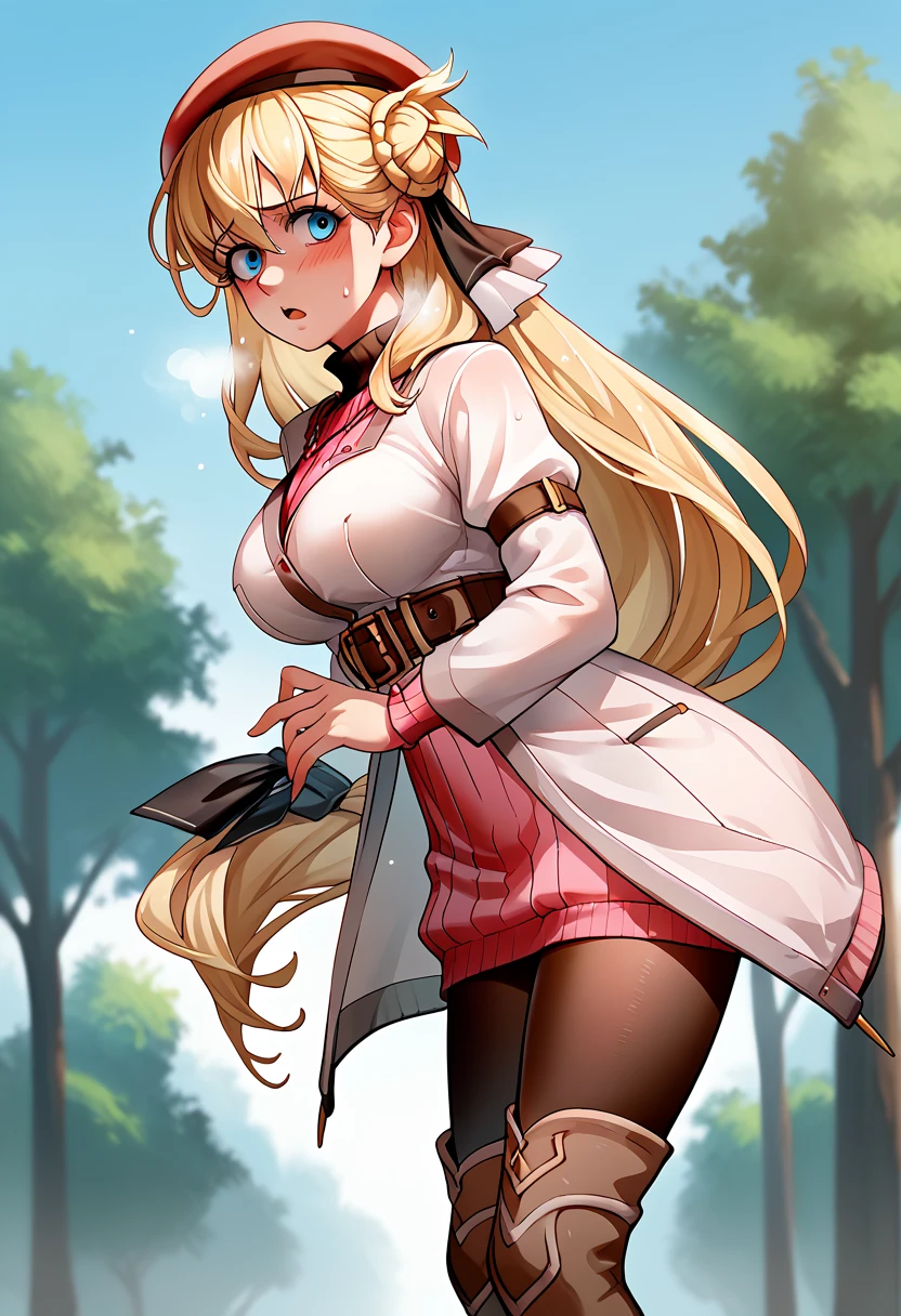 score_9, score_8_up, score_7_up, score_6_up, score_5_up, score_4_up, BREAK source_anime,
1girl, solo, sfw,  Agnes Claudel, blonde hair, long hair, blue eyes, large breasts, hair ribbon, beret, white coat, turtleneck dress, necklace, belt, pink skirt, pantyhose, brown boots, thigh boots,, (full body shot), (side view), looking at viewer, outdoors, sky, trees, 
racoonsan,, (bending forward), exhausted, heavy breathing, sweating, wet, moaning, aroused, mouth open, worried expression, (touching her knees)