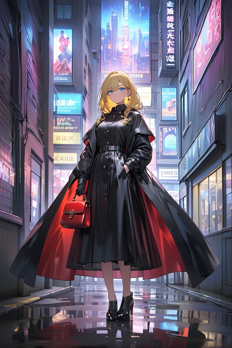  High Definition 、４k, top quality ,(黒い光沢のあるロングコートを着た美しい女性、The high-collared 、 Long Coat that goes below the knee 、Black gloves、Black slacks、Black leather shoes)、( A beautiful woman in a black shiny long coat with a bright red enamel handbag ),( yellow hair、 shortcuts、 blue eyes), Side Shot 、 Long Shot 、Photograph the whole body、 gaze is upward 、 Looking into the Distance 、 The Eyes of a Calm Hunter 、( Night City in the Background 、 The Shady City 、the way、Neon Light)、 disturbing air、 bright color contrast、masterpiece