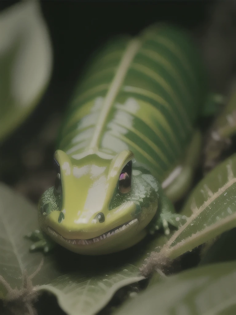 a close up of a green slug on a leafy surface, fluffy green belly, a plant monster, cute little creature, nudibranch, polychaeta, sea creature, plant monster, cute creature, vicious snapping alligator plant, alien plant, cute forest creature, curved horned dragon!, adorable glowing creature, beautiful!!!!!!!!!, that looks like a insect, head of green hedgehog