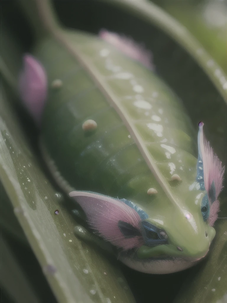 a close up of a green slug on a leafy surface, fluffy green belly, a plant monster, cute little creature, nudibranch, polychaeta, sea creature, plant monster, cute creature, vicious snapping alligator plant, alien plant, cute forest creature, curved horned dragon!, adorable glowing creature, beautiful!!!!!!!!!, that looks like a insect, head of green hedgehog