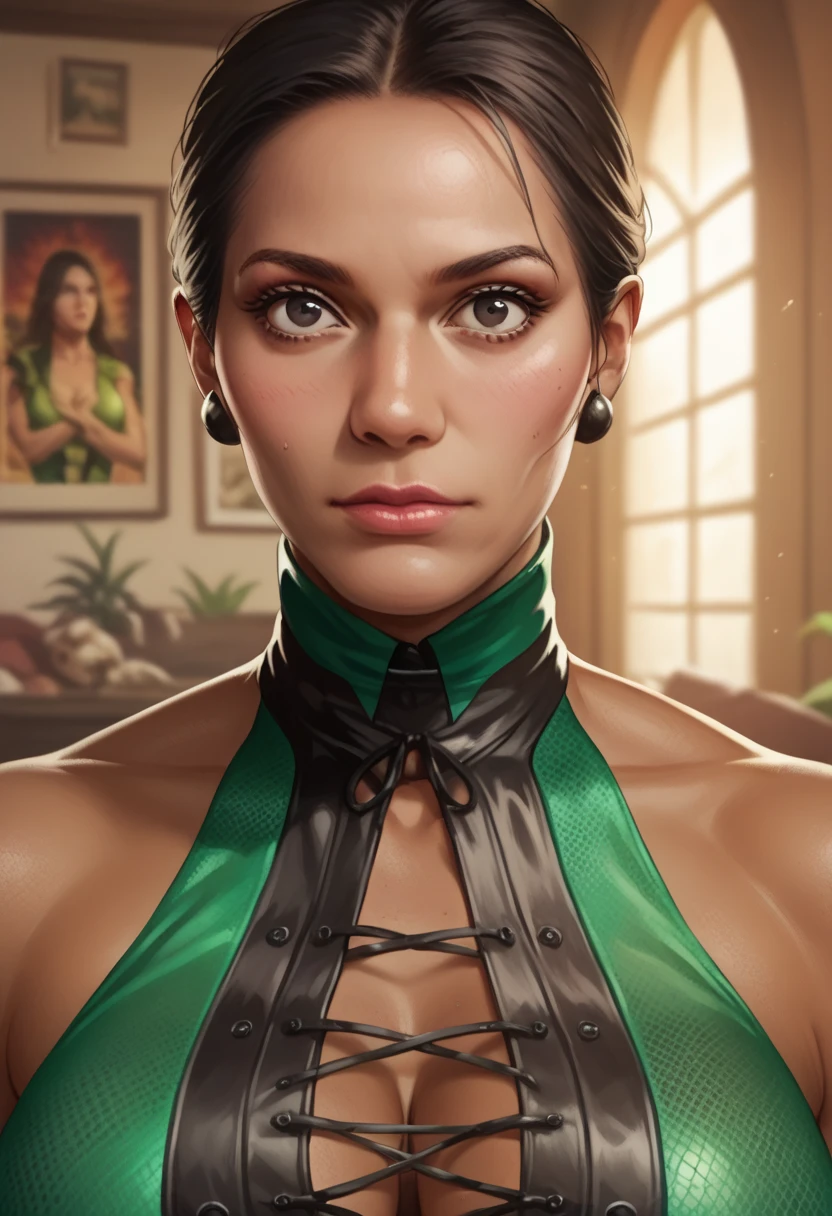 score_9, score_8_up, score_7_up, score_6_up, source_realistic, BREAK 1girl, Klassicjade, very dark skin, dark skinned female, black hair, black eyes, mask, green leotard, center opening, laces, beautiful stunning portrait,Accurate, Large breasts, Blush, Makeup, 