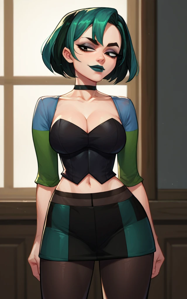 score_9,score_8_up,score_7_up,source_cartoon BREAK GwenDRAMA,1girl,short hair,black hair,cleavage,pantyhose,green hair,choker,black eyes,makeup,black choker,lipstick,skirt,midriff,room,room background,, naughty face,