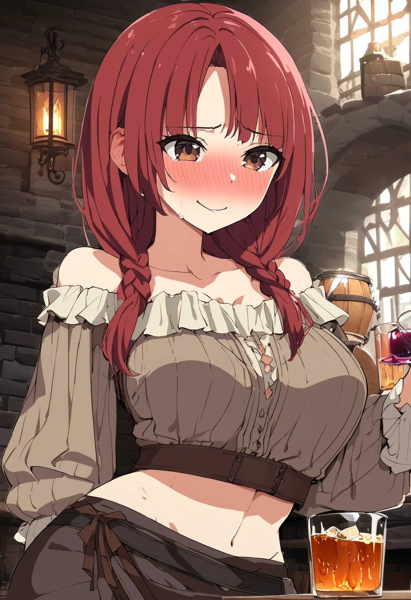 ( 1 woman 1 man ),attractive mature medieval peasant woman,  sexy underwear , breasts, straight red hair,  sensual look, brown eyes, in a tavern, inn, erotic, sensual, Milf, ecchi,  shy expression , medieval tavern, Smile shame,  perfect body, blush, shameless, daring, tanga daring, ,pose of please stop,  full body, She is accompanied by a medieval man, Alcoholic drinks, dislike orgasm, Slim body,  better quality, 4k,