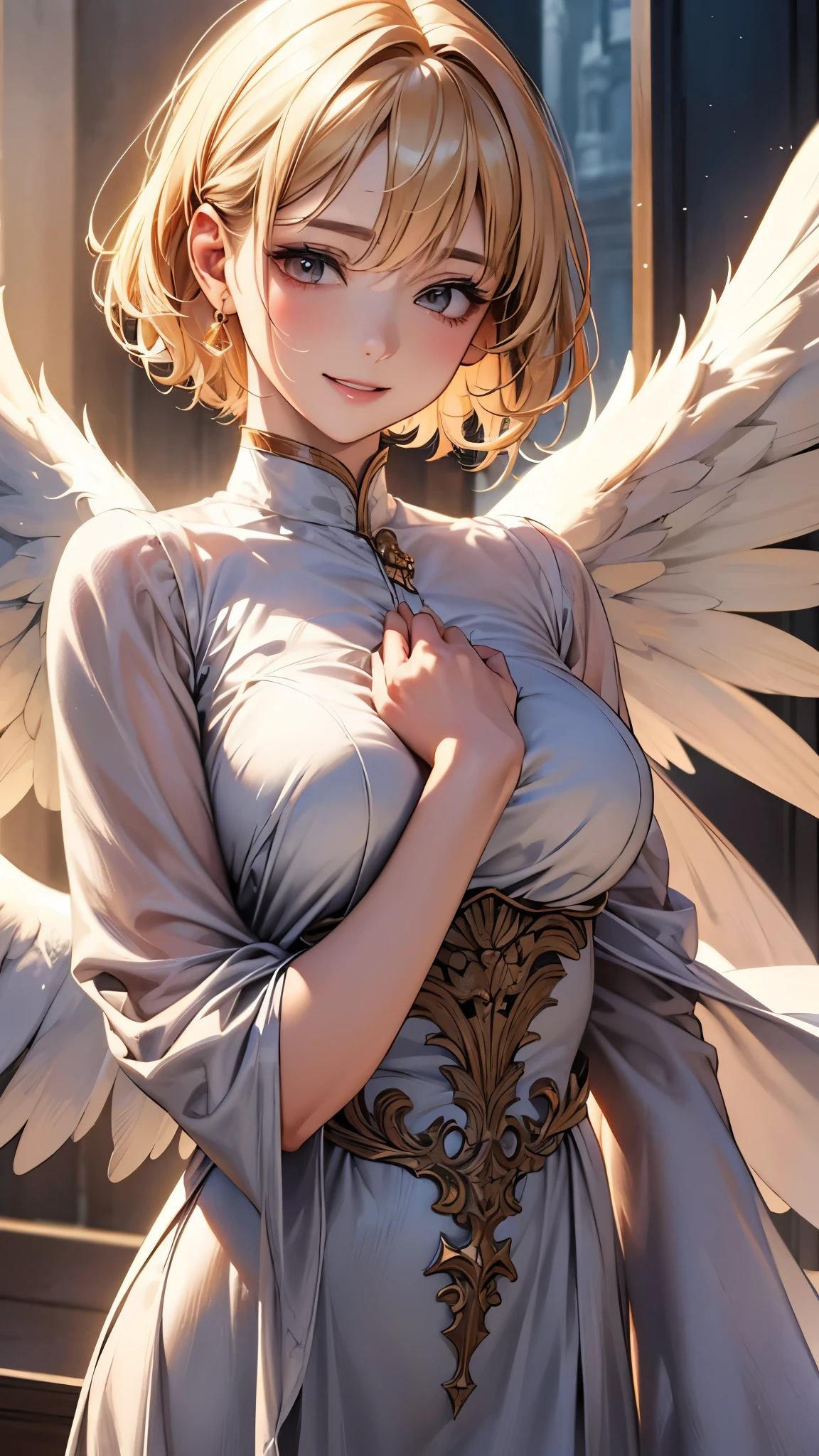 (only one woman), angle from below, (complex), (Art Nouveau, round face, smiling), (((she is touching her breasts with overflowing from clothes by herself , ecstasy, orgasm face))), drooping eyes, blush, blond, braid,