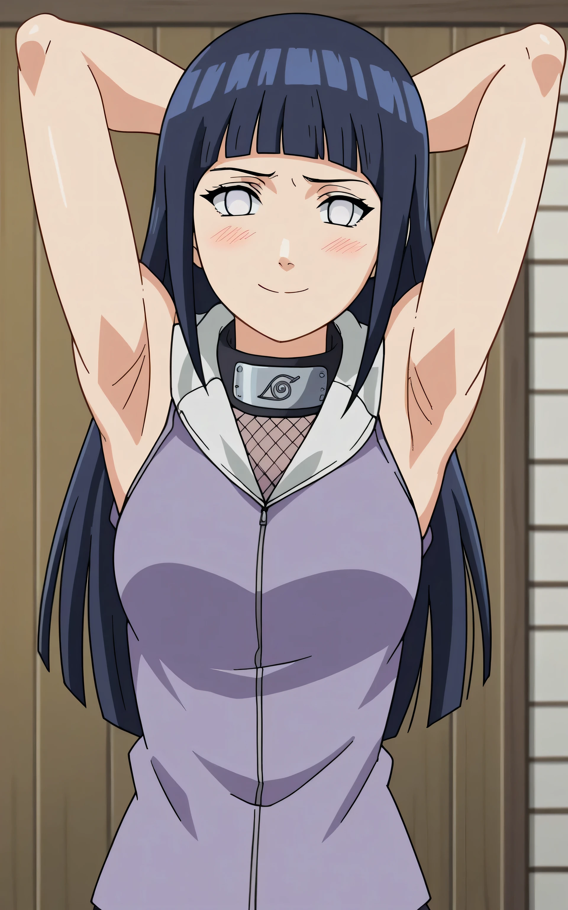 score_9, score_8_up, score_7_up, source_anime, anime screencap, 1girl, solo, HinataHyugaNXL, no pupils, white eyes, black hair, long hair, blunt bangs, mediun breasts, forehead protector, fishnets, purple jacket, sleeveless jacket, arms behind head, armpits, looking at viewer, head towards viewer, smile, badhandv4, indoors, blush, bare shoulders, bare arms, closed mouth 