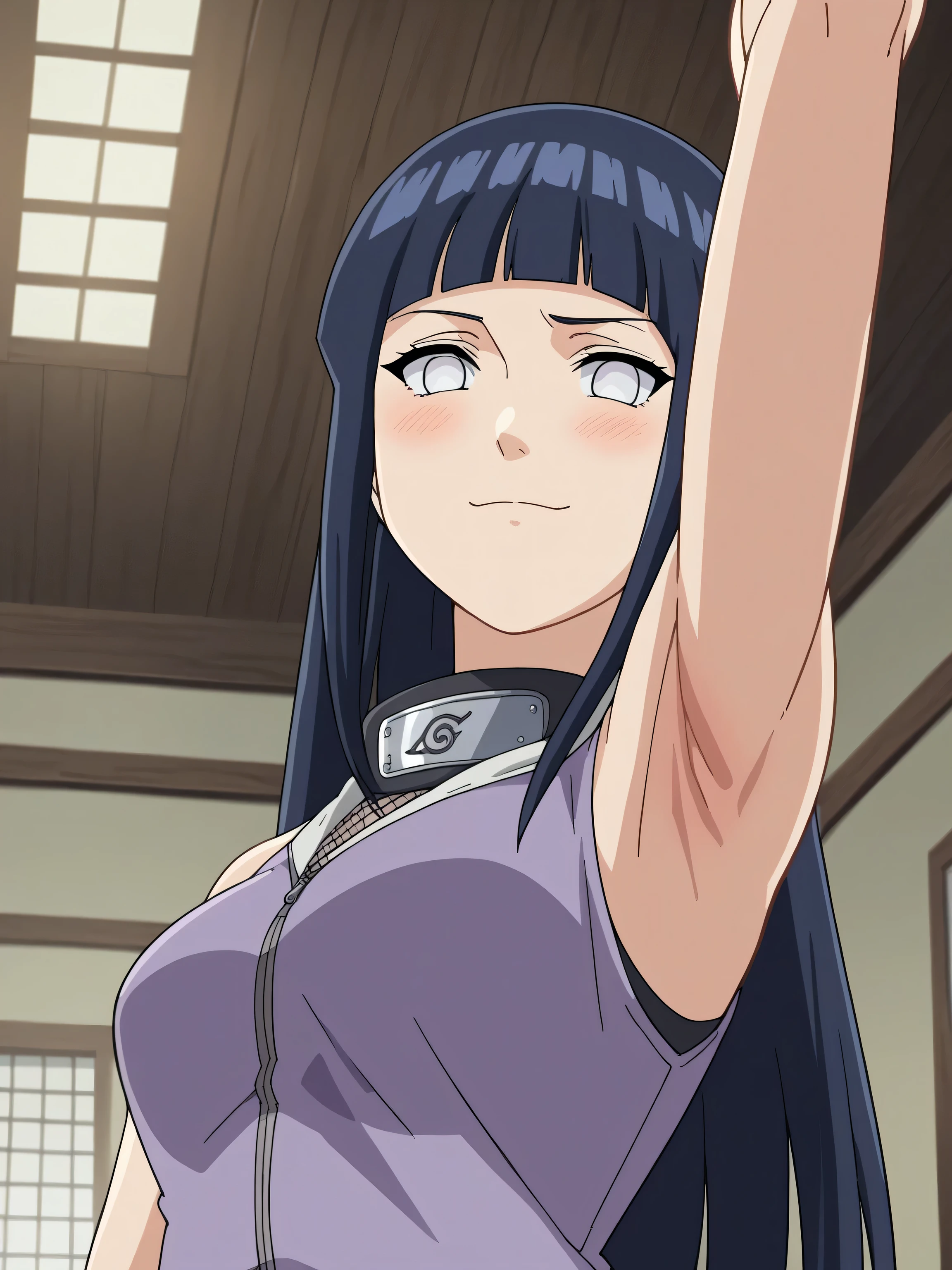 score_9, score_8_up, score_7_up, source_anime, anime screencap, 1girl, solo, HinataHyugaNXL, no pupils, white eyes, black hair, long hair, blunt bangs, mediun breasts, forehead protector, fishnets, purple jacket, sleeveless jacket, arms behind head, armpits, looking at viewer, head towards viewer, smile, badhandv4, indoors, blush, bare shoulders, bare arms, closed mouth 