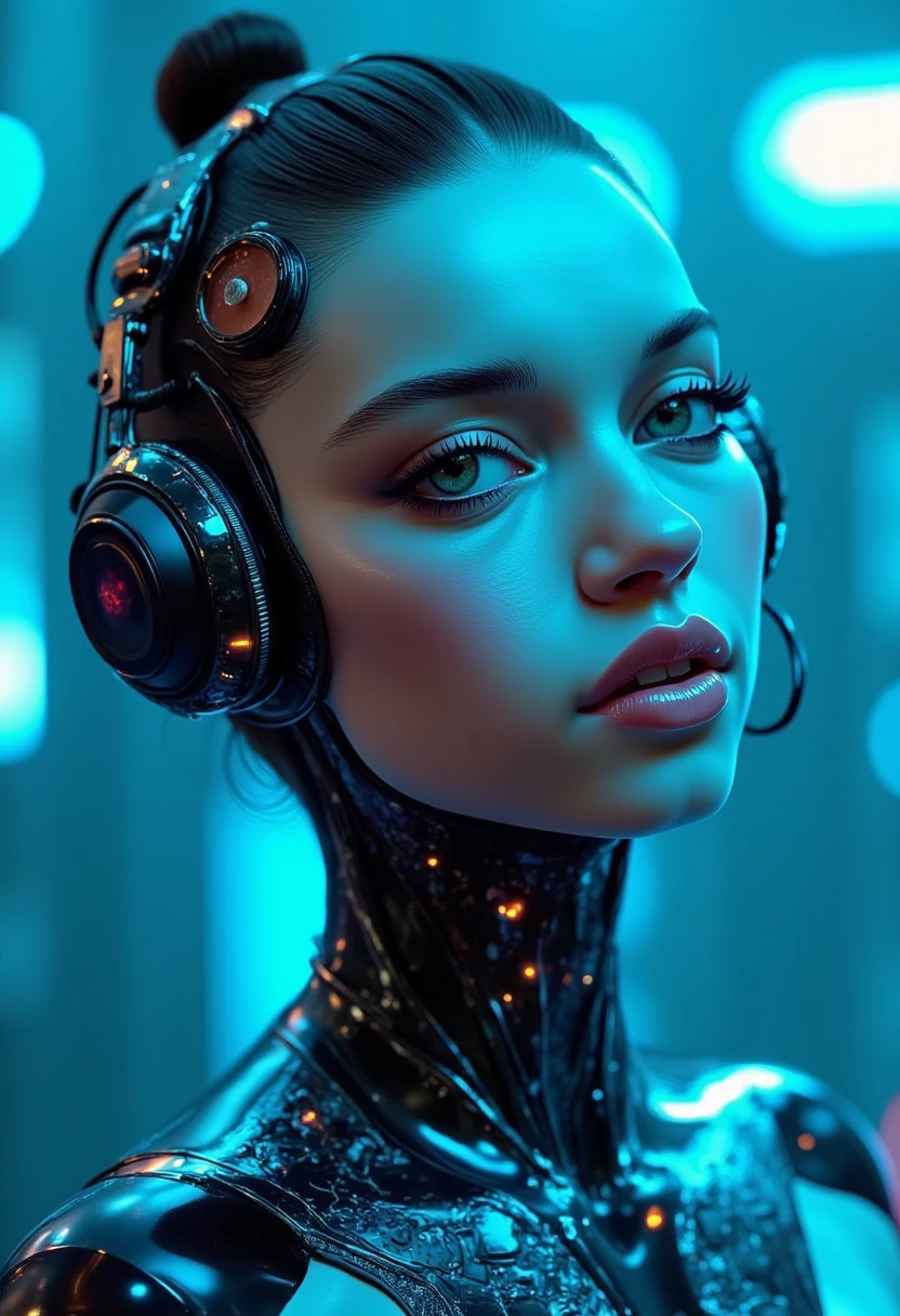 ((de primera calidad)), ((masterpiece)), ( details :1.4), 。.。.3D,  Beautiful Cyberpunk Woman Image,I don&#39;t like( HighDynamicRange ), ray tracing,NVIDIA RTX,Hyper-Resolution,Unreal 5,Dispersion subsurface ,Textured PBR, Postprocessing ,Anisotropy filtering, depth of fields , maximum clarity and sharpness , Multilayer Texture ,Albedo and Specular maps,Surface shading, Precise simulation of light and material interactions, perfect proportions ,Octane rendering,iluminación de dos tonos,grand opening,Low ISO,white balance, Rule of Thirds ,8K RAW,AI circuit board, silver body 、metal body、 Beautiful Women 、、erotic