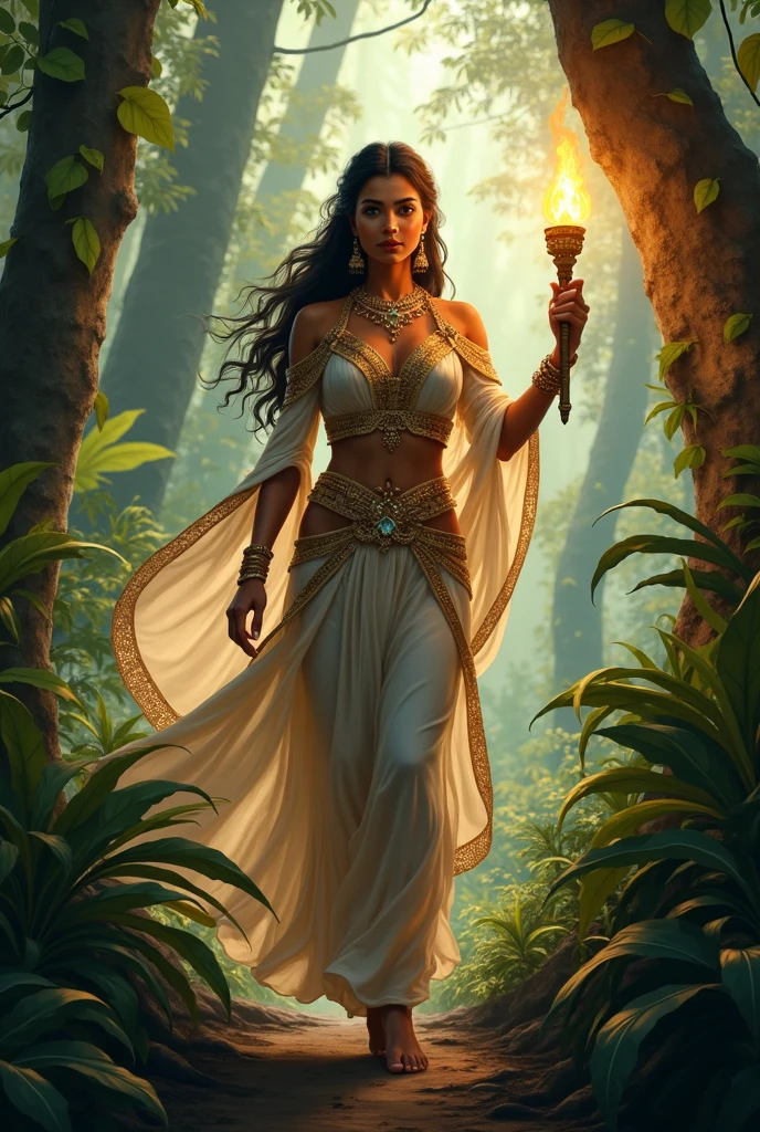 In the heart of the African forest, an enchanting scene unfolds as a mesmerizing woman, dressed in attire crafted from vibrant leaves, stands tall and resolute amidst the wild. The forest comes alive with the rage of a nighttime wind, the leaves swirling around her, casting an ethereal glow upon her features. Neon hues illuminate the forest floor, casting long, dramatic shadows, reflecting the artgerm style of stunning realism. The image, rendered in ultra HD and boasting 32k resolution, comes alive with hyper-realistic detail using the Unreal Engine.每个树叶都以艷彩的色调显现,在轻扫