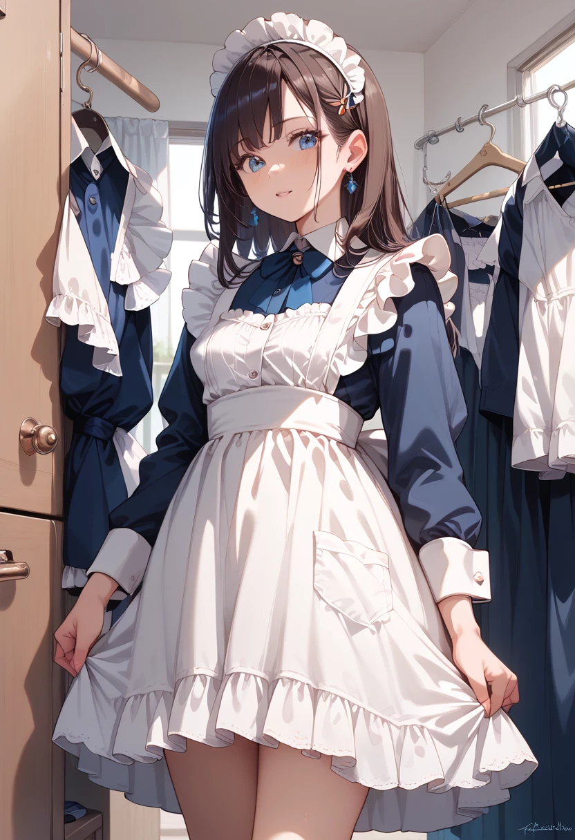 ((masterpiece, best quality, ultra detailed, high resolution, detailed facial description)), (1 girl:1.3), (underwear only:1.3, frilled lace underwear:1.1), (Changing clothes:1.3), (closet, Maid uniform on a hanger), (A view from inside the closet)